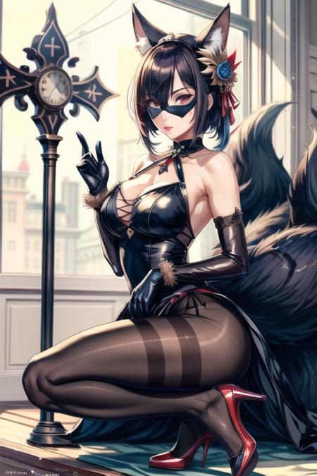 (masterpiece, best quality), 1girl,IncrsAhriArcana, fox tail, multiple tails, gloves, dress, mask, high heels, pantyhose<lora:add_detail:1>