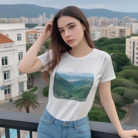 a photo of Dasha Taran, ohwx woman, wearing a tshirt and jeans, standing on a balcony, detailed skin, scenic background <lora:dashataran_SDXL:0.8>