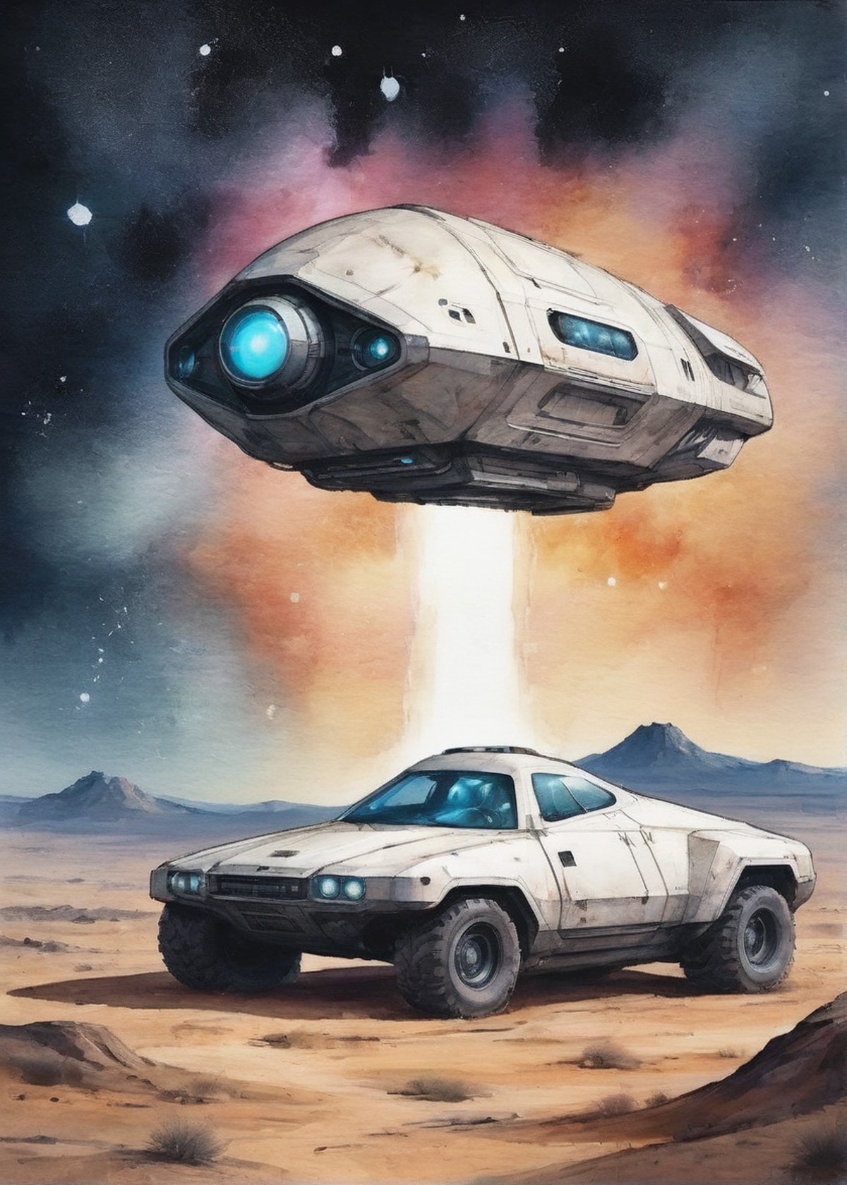 sci-fi research-explorer peculiar futuristic vehicle on a flat plain barren land under stars and nebulae with a massive ri...