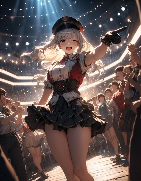 anime,1girl,white long hair,gray eyes, white shirt, idol clothes, one eye closed, red shirt, black skirt, black headwear, gloves, stage light, singing, open mouth, crowd, smile, pointing at viewer, masterpiece, best quality (Depth of field hdr 8k 4k wallpaper cinematic angle, cinematic lighting,:1.5) (masterpiece, best quality:2.0), (Depth of field hdr 8k 4k wallpaper cinematic angle, cinematic lighting,:1.5) (masterpiece, best quality:2.0)