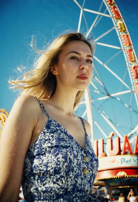 european woman 25 years old at luna park, cinestill 800t film, from side and below, artsy, harsh shadows, ulta wide angle, flash,overexposed, faded, grainy,blurry, pixelated, motion blur, vignette