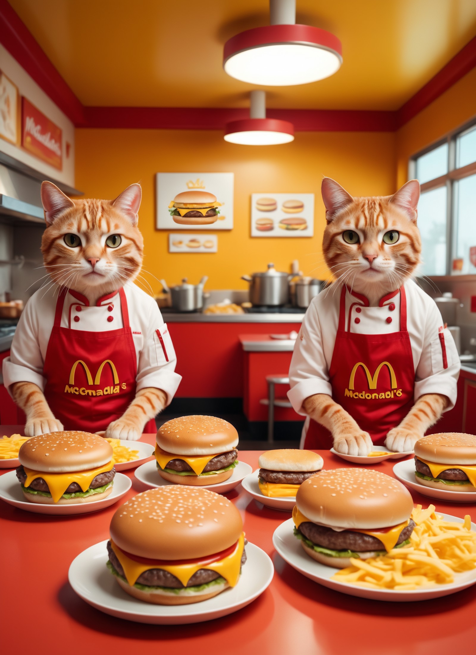 Wide angle realistic 8K raw photography, (Anthropomorphic cats cooking cheeseburgers:1.3), Symmetrical composition, Chef-t...