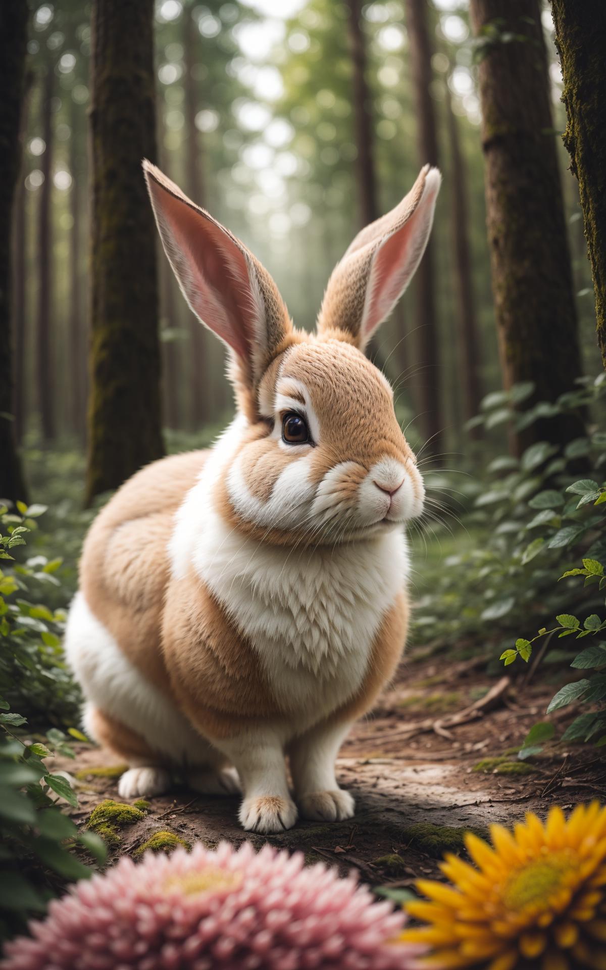 A cute brown and white rabbit in the woods.