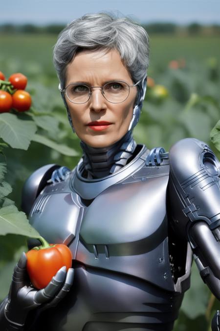 raw Photo, (woman Sardruiss123) short grey hair, glasses, looking at viewer, dynamic pose, wearing a cybernetic woman armor, in a vegetable field with tomatoes, cucumbers and bell pepper, summer time, intricate detail, vibrant, sharp focus, smooth painting, ocprobocop, 