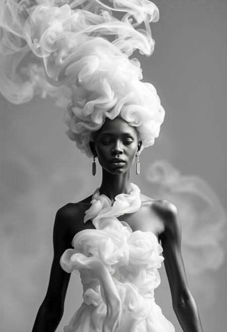 The image features a smoke-like representation of a beautiful African goddess, which appears to be a white and gray goddess. The smoke is billowing upwards, creating a visually striking and artistic effect. The smoke is so dense and well-formed that it resembles the shape of a beautiful goddess, making it an interesting and unique sight. This artistic representation of a goddess using smoke adds a creative and captivating element to the scene.