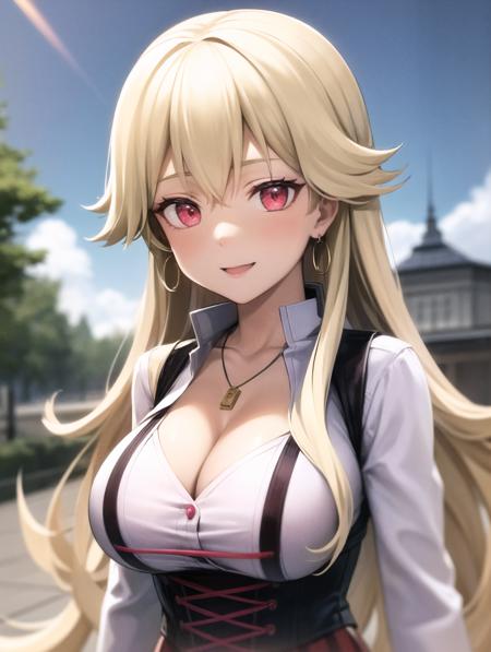 best quality, (masterpiece:1.2), illustration, absurdres,
(1girl, solo), (beautiful detailed girl), (upper body, portrait),
<lora:RoseliaOlder-06:0.8>, Roselia Millstein, blond hair, very long hair, red eyes, large breasts,
necklace, earrings, white shirt, cleavage, long sleeves, red laced corset, long skirt, red skirt, purple pantyhose, brown boots,
smile,
park, sky, clouds, trees, buildings,