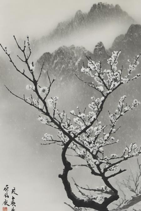 monochrome, traditional media, Plum blossom, snow, winter, fog<lora:langjingshan-000005:0.9>