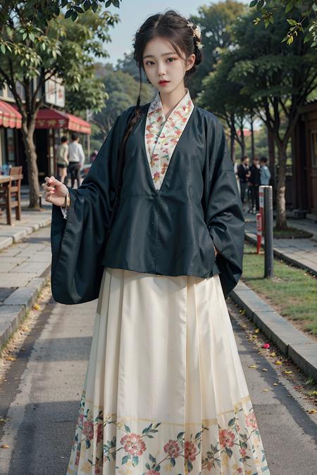 masterpiece, best quality,realistic,realskin,1girl,outdoor,<lora:hanfuMing_v31:0.6>,(hanfu, ming style outfits, blackish green short coat, overlapping collar, yellow mamian skirt,),<lora:nwsj:0.6>,full body