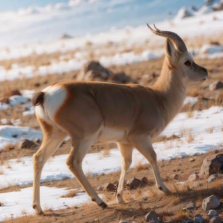 running, no humans, tibetan gazelle, horns, realistic, outdoors,  snow, rock,  grass,  <lora:tibetan_gazelle_v1:0.7>