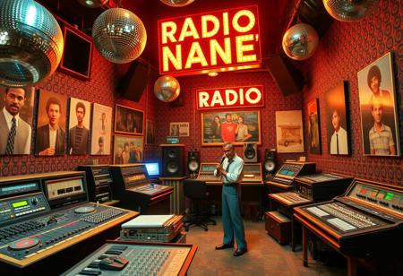 Create a detailed scene of an American radio studio from 1974 with a funky, R&B vibe. The studio features vintage equipment, including large analog mixing boards, turntables, and reel-to-reel tape machines. The room is adorned with glittering disco balls, colorful neon lights, and posters of popular R&B artists from the era. The walls have vibrant, patterned wallpaper with a retro feel, and there’s a groovy atmosphere with people wearing bell-bottoms, wide-collared shirts, and platform shoes. Prominently displayed in the background is a retro sign that reads “RADIO NANE'” in bold, glowing letters, capturing the essence of the 1970s funk and R&B culture.