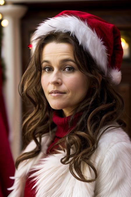 mrs santa claus, santas grotto, north pole, elves, snowmen, candy canes, snow, icicles, <lora:Helena_Bonham_Carter:1> 1girl, solo, a mature 40 year old hb1873c, brown hair, wavy,messy,up do, hair, masterpiece,best quality, detailed face
