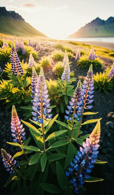 photo by Melissa Stemmer, Blooming lupine flowers on the Stokksnes headland on the southeastern Icelandic coast. Iceland, Europe. Artistic style post processed photo., breathtaking photograph, <lora:melissa-stemmer-1.0:1>, cinematic look, minimalistic, blurred background, warm atmosphere, daylight, professional color grading, simple look, unedited photography, natural, unassuming, simple style, award-winning, stunning, glistering light, golden hour, kodak kodachrome, vintage look, vibrant colors, Retro filter, vintage style, Instagram toning effect, <lora:add-detail-xl:2>