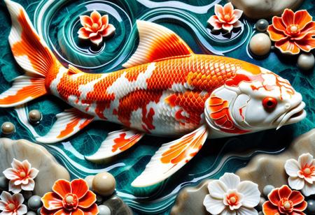 Marble art piece of koi fish, orange, red and white, top shot, Intricate, bright, vibrant, photography, high quality, detailed, realistic