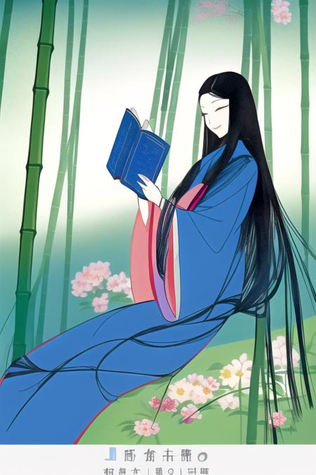 Asian woman wearing a blue and pink dress reading a book in a bamboo forest, long black hair, curved lines, <lyco:Masayuki-14:0.8>, 1girl, in focus, 21mm focal length,  slight smile, flowers all around,