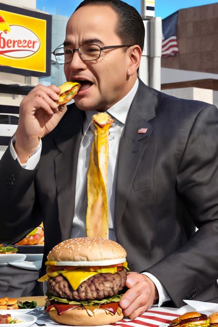 man sitting at chair in front of table eating a cheeseburger at an american restaurant, burger, holding food, holding cheeseburger, <lora:senatorarmstrong-18:1> senatorarmstrong, muscular male, collared shirt, suit, black suit, american flag, formal, yellow necktie, open mouth, ((eating)), american flag,