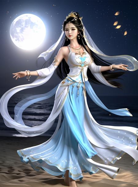 shiny skin best quality, masterpiece, 1girl, solo, long hair, black hair, jewelry, dancing on the beach, earing, bowhair, china goddess, veil, moonlight, night, fire, dark themes, barefoot, sky, moon, beach, ocean masterpiece,32k,extremely detailed CG unity 8k wallpaper, best quality, 
<lora:sdxl_chinagoddess:0.65>