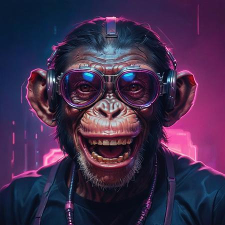 closeup portrait of a chimp, cyberpunk, lucky laugh face, cyberpunk implant in head, highly detailed, evocative, high contrast, blue and pink neon lights as the background, lucky laugh face, tshirt pink weared, pink glass transparent cybergoggles on head