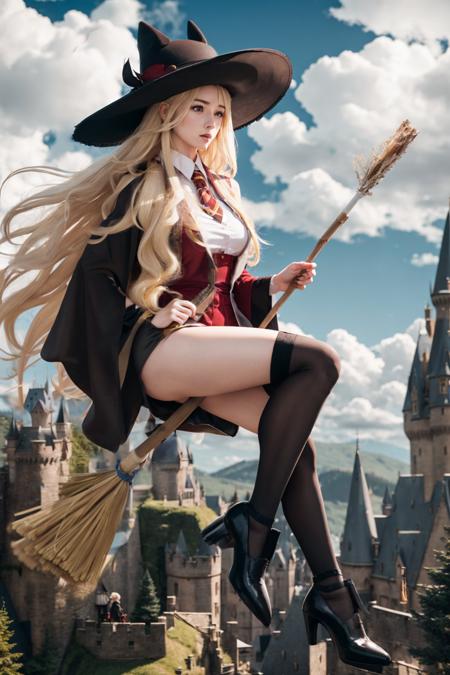 (riding broom), 1 lady, long blonde hair, outdoor, flying, (from side), ((witch riding on broom)), trees and castle in bottom, broom between legs