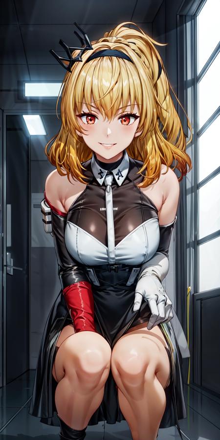 fenniS1CB, 1girl, blonde hair, medium hair, (ponytail:0.9), red eyes, dress, green ribbon, mini crown, bare shoulders,hairband,white gloves,detailed face,