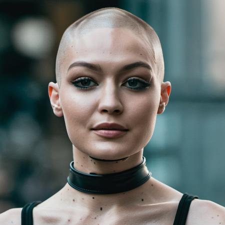 Photo of a woman with no hair wearing a choker necklace and ((lipgloss)),f /2.8, Canon, 85mm,cinematic, high quality, skin texture, looking at the camera,  <lora:gihadid_xl_1_standard-000094:1>