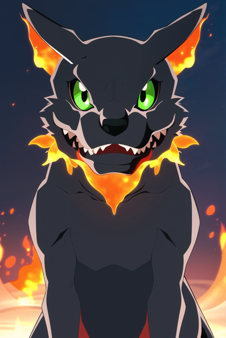 digimon, no humans, solo, green eyes, teeth, blurry, sharp teeth, outdoors, fire, digimon \(creature\), blurry background, fangs, sky, night, looking at viewer,   ((masterpiece)) <lora:digimon_offset:1>