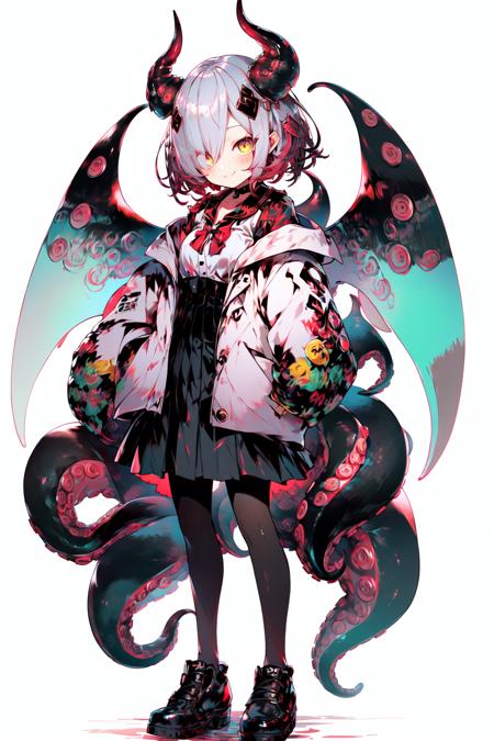 <lora:Cthulhu:1>, 1girl, horns, solo, pantyhose, pink hair, white jacket, wings, jacket, hair over one eye, open jacket, tail, yellow eyes, red pantyhose, open clothes, demon tail, long sleeves, full body, red nails, pleated skirt, standing, closed mouth, white background, skirt, black footwear, black skirt, looking at viewer, sleeves past wrists, pleated dress, bangs, hair ornament, demon girl, collarbone, zoom layer, short hair, breasts, black dress, demon horns, choker, virtual youtuber, demon wings, single horn, smile, shoes, fingernails, nail polish