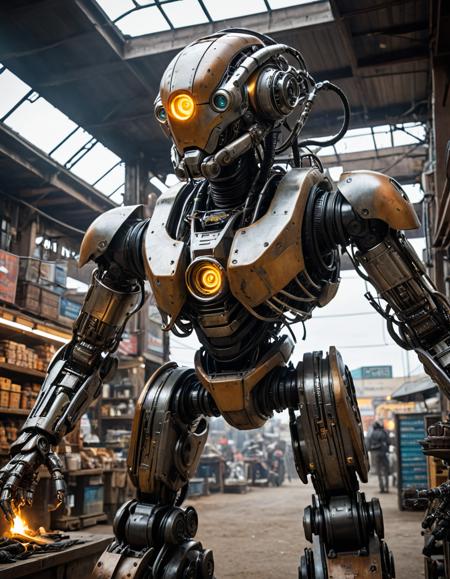 nomad trading post, traveling merchants, bartering, diverse goods (combustion, worm's eye view:1.2), Cybernetic robot , android, AI, machine, metal, wires, tech, futuristic, highly detailed, (masterpiece, intricate details:1.2)