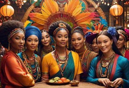 Create a scene where a woman promotes diversity and inclusivity, bringing people together from different backgrounds and cultures in a harmonious and fantastical environment.