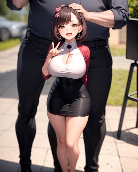 masterpiece,   <lyco:hiking-sizediff:0.9>,  large breasts, (size difference, faceless male standing behind),  1girl, full body, hair ornament, hair bobbles, smile, double v, blush,   open mouth, hairclip, hand on another's head,