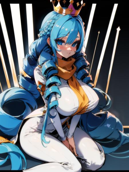 <lora:asanagi-12:1>Scarf, crown braid, colored inner hair, very long hair, drill hair, :3, hands between legs,  large breasts, curvy, masterpiece, best quality