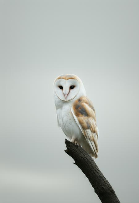 A solitary Barn Owl, rendered in a minimalist style, perched gracefully on a stark, undefined branch. The composition is defined by simple, elegant silhouettes against a deep, midnight black background. Soft, diffused light emanates from an unseen source, creating a shimmering, pearlescent glow on the owlâs feathers, highlighting subtle curves and linear details. The background remains entirely flat and featureless, emphasizing the owl's form. Linear shapes and gentle curves define the owlâs posture, creating a sense of balance and serene stillness. A whisper of Impressionistic brushstrokes subtly suggests texture without disrupting the overall reduction and uniformity of form. The overall effect is a contemplative and ethereal portrait, blending the precision of minimalism with the luminous quality of Impressionism.