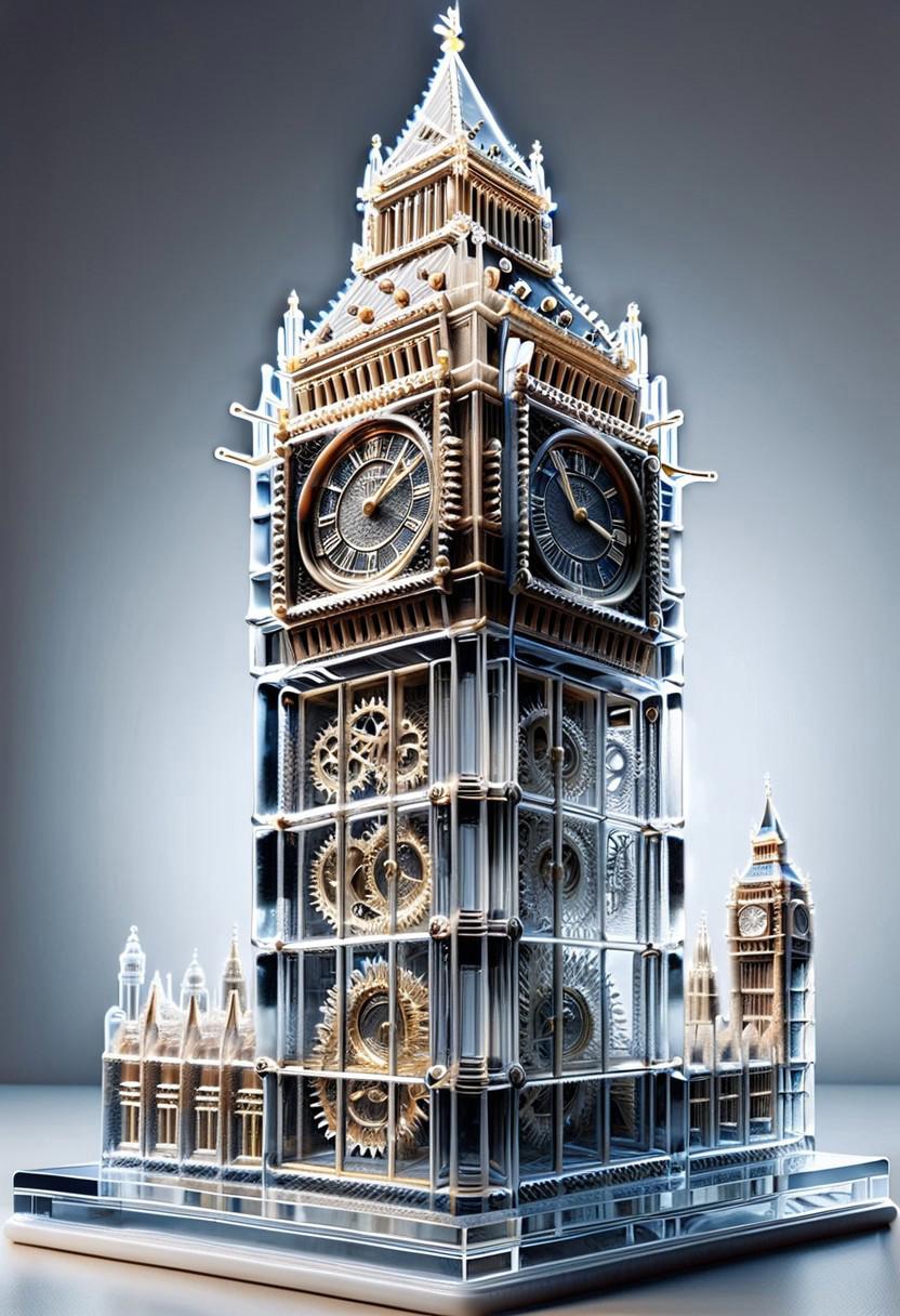 A photorealistic picture of Big Ben  made entirely of of clear plexiglass with plexiglass gears of all sizes constituting the ground level to clock level mechanical components of the clock. The clock has a futuristic look with no  metal parts, only clear plexiglass. The clock face stands out and shows the time as 4:30