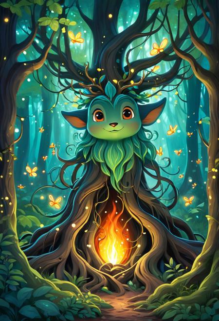 A forest spirit emerging from twisted roots, their expression warm and full of wisdom, surrounded by glowing fireflies, children’s illustrations, expressive characters, vibrant colors, bold outlines, soft shading, playful style, wholesome themes, family life, gentle humor, everyday situations, cozy atmosphere, moral lessons, nature scenes, approachable art, timeless appeal