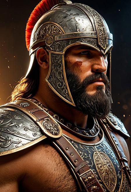 Artwork, barbarian, beard ,portrait, finely detailed gladiator armor,  secutor helmet, intricate design, cinematic lighting, dramatic lighting, 4k