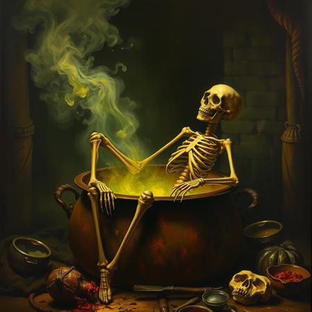 1800's macabre baroque matte oil painting of a skeleton corpse sitting in a boiling cauldron getting cooked, in the art style of John Martin, Bosch, Goya, macabre, eerie vibe, green hue, occult, esoteric, satanic, unnerving, traumatic, claustrophobic, black magic, chiaroscuro, carvaggio, cannibalism, biblical art