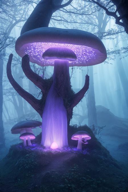 misty enchanted forest, glowing mushrooms scattered on the forest floor, ancient trees with twisting branches, soft blue and purple lighting, gentle fog rays through trees, fantasy magical vibe, high detail forest floor