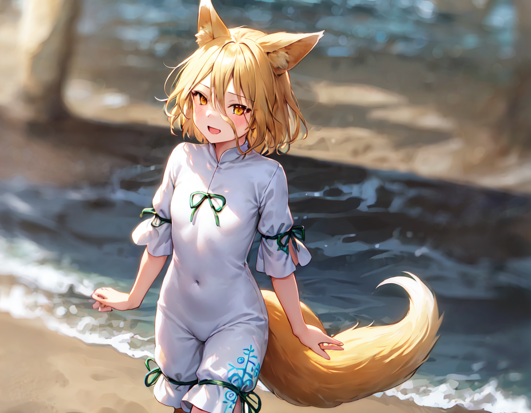 1girl, walking along the beach, Kudamaki Tsukasa, fox ears, only one fox tail, narrow hair between eyes, very long and ver...