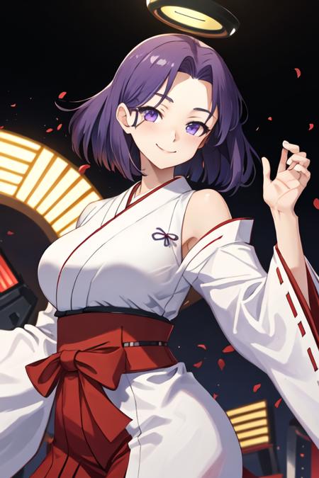 best quality, masterpiece, highres, solo, {white kimono:1.35}, {red hakama:1.35}, {wide sleeves:1.20}, {tatsuta_kantaicollection:1.15}, purple_hair, purple_eyes, short_hair, mechanical_halo, halo, smile, breasts, large_breasts