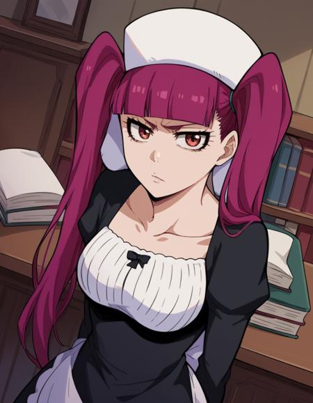 <lora:riruka-dokugamine-anime-ponyxl-lora-nochekaiser:1>, riruka dokugamine, long hair, twintails, red eyes, purple hair, bangs, blunt bangs, thighhighs, hat, maid, long sleeves, gloves, dress, black dress, skirt, black skirt, collarbone,