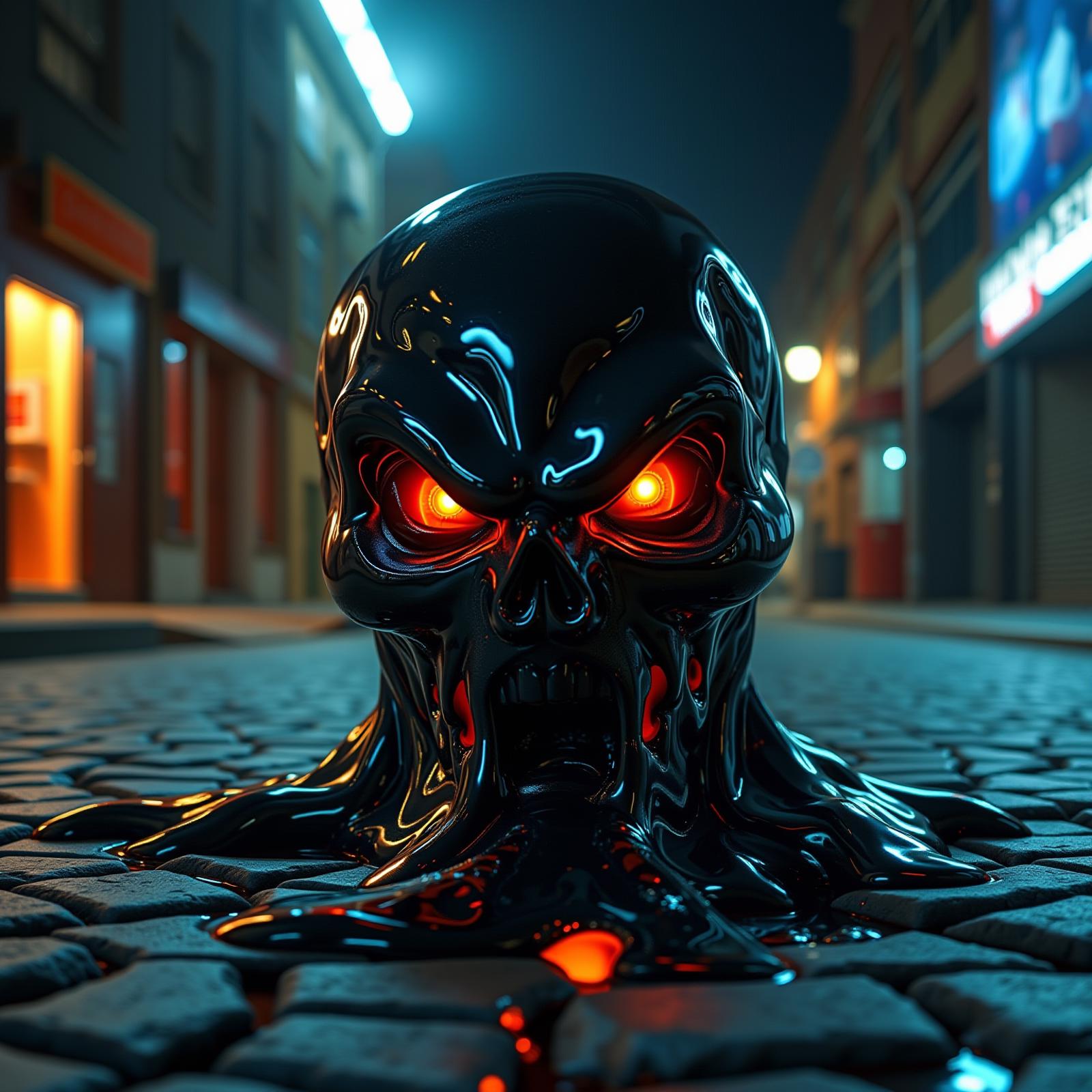 a boiling mass of black goo, shiny, sith the shape of a sinister face, the eyes are about to explode, emerging from the cracks in the street. creepy night ambiance