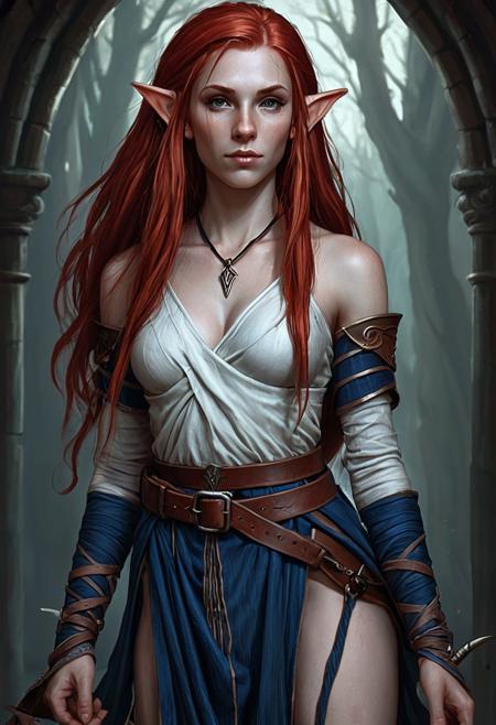 high elf dnd, red hair, female, long hair, pale face, instead of her usual clothes, her body is tied with dark blue strips of fabric, belts, under her right hand is a ferret, a ferret. beautiful elf, detailed face, fantasy art style, highly detailed, sharp focus, soft lighting, symmetrical composition, digital painting
 <lora:Breast Slider - Pony_alpha1.0_rank4_noxattn_last:1>