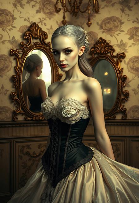 Victorian Surrealism , Victorian corset gown, surreal elongated proportions, antique mirror reflections, faded floral wallpaper, mysterious glowing artifacts, soft sepia and gold palette
ethereal portrait, surreal beauty, elongated delicate features, large expressive eyes, porcelain-like skin, dramatic cinematic lighting, flowing iridescent gown, intricate fabric details, painterly fantasy background, swirling clouds, soft glowing lights, whimsical architecture, melancholic mysterious expression, rich jewel tones, soft pastel contrasts, gothic elegance, hyper-realistic textures, dreamlike storytelling