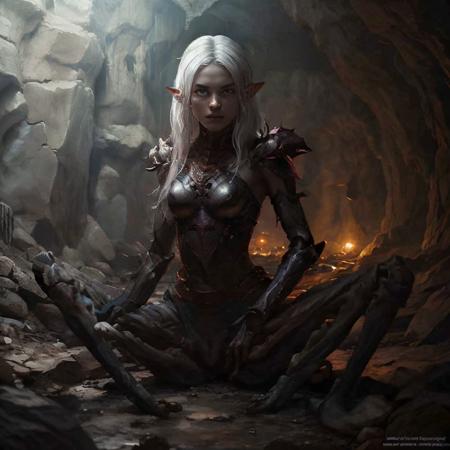 highly detailed photo of a drider, 
1girl, solo:1.2, no humans, 
(spider legs, arthropod limbs, multiple legs):1.2,

long hair, blue eyes, white hair, armor, colored skin, cave,

looking at viewer,
detailed elven female face, body has spider legs,

realistic:1.0, depth of field, blurry, blurry background,

light and dark,
silhouette lighting,








