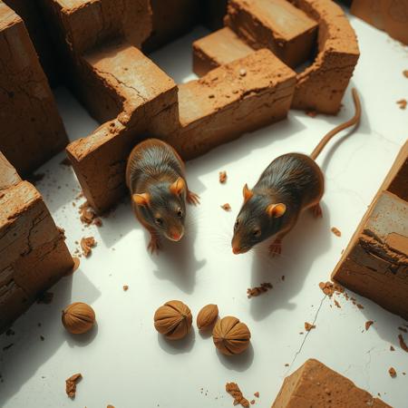 Aerial view of two vibrant rats racing through a maze, searching for walnuts. Intricate, well-constructed labyrinth with mud walls against a stark white floor. sharp contrasts, and vivid colors. Dramatic lighting casts long shadows, emphasizing the maze's complexity. Rats' fur detailed in striking shades of rust and charcoal. Macro photography technique, capturing whiskers and gleaming eyes. Scattered walnuts. 4K resolution, hyperrealistic style, Cyberpunk