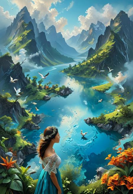 A 3D abstract artwork depicts a stunning landscape intricately blended onto the visage of a woman, while a bird perches gracefully on her shoulder. The landscape is replete with mountains, trees, and a tranquil body of water, framed by a cloud-filled sky. The overall composition exudes a dreamy, abstract ambiance, seamlessly merging reality and imagination.