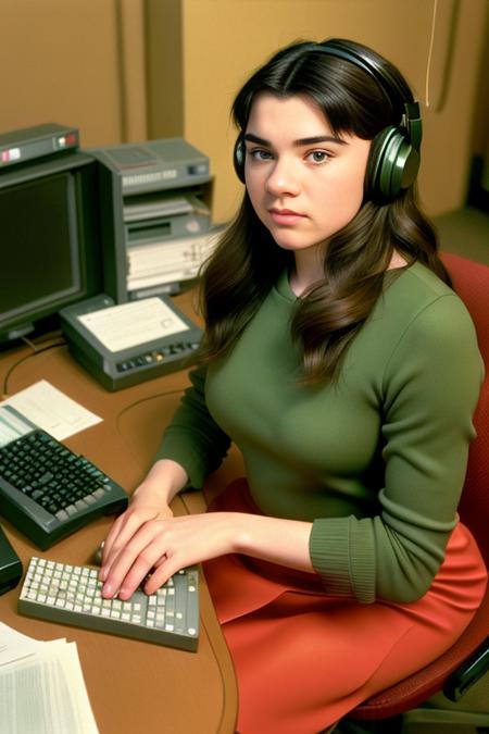 highly detailed photo of BCoop69 wearing headphones and a red dress, sitting at a news desk, RAW candid cinema, woman, studio, 16mm, ((color graded portra 400 film)) ((remarkable color)), (ultra realistic), textured skin, remarkable detailed pupils, ((realistic dull skin noise)), ((visible skin detail)), ((skin fuzz)), (dry skin) shot with cinematic camera, ,