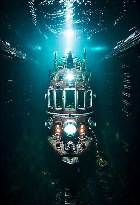 (historical photography restored:1.3), this is my best dream: (an extremely futuristic train found submerged and abandoned ((on the ocean floor)) discovered by seadivers exploring the ocean and the only illumination comes from those seadivers headlights, vivid but dark AF ocean bottom floor), (must be very underwater and dark:2). 
(fictional realism, human threshold, exciting, elating), highres, highquality, but hush don't speak out loud, you will scarry the fish!