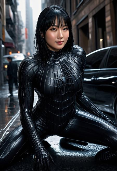 score_9, score_8_up, score_7_up, best quality, realistic, masterpiece, beautiful detail, hyperrealistic, cafe, ((1girl, woman body, huge breasts)), amazing detailed portrait of a beautiful japanese girl, wearing a realistic and highly detailed black raimi spider-man suit, ((huge muscular girl)), professional model wears ultra - detailed and grained black raimi spider - man suit, suit covered entire body and hand, black spiderman gloves, wet, (full body), (lying down, spread leg), sweet smile, black hair, octane render, highly detailed, volumetric, dramatic lighting, (highest quality:1.1), (HDR:1.3), (top quality, best quality), realistic, high definition, Expressionism - sharp focus, professional photography, masterpiece, ultra detailed photograph, high quality, 8k,