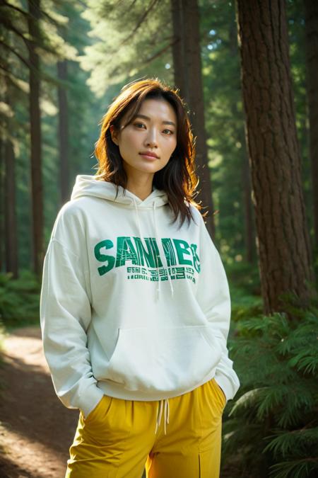 (HD, masterpiece, best quality, hyper detailed, ultra detailed, super realistic),On a serene mountain trail, an Asian woman with long, wavy brown hair stands confidently amid towering pine trees. Clad in a casual white hoodie with eye-catching red text and cool yellow pants, she radiates relaxed energy. A bracelet sparkles on her left wrist as she gathers a small collection of smooth rocks in her left hand, showcasing her love for nature. The natural soft light of the late afternoon sun filters through the trees, casting a gentle glow on her figure. The camera angle is slightly low, allowing viewers to appreciate the majesty of the trees surrounding her, which provide a beautifully blurred backdrop. The composition adheres to the rule of thirds, with her positioned off-center, creating an image rich with tranquility and natural beauty., green eyes, blue eyes, brown eyes, perfecteyes, jpn-girl, Movie Still, Film Still, Cinematic, Cinematic Shot, Cinematic Lighting, SDXL Hands XL + SD 1.5 + FLUX.1-dev<lora:SDXL PerfectEyesXL.safetensors:0.5:0.5> <lora:SDXL japanese_girl_v1.1.safetensors:0.7000000000000001:0.7000000000000001> <lora:SDXL Juggernaut Cinematic XL LoRA.safetensors:0.7000000000000001:0.7000000000000001> <lora:SDXL Hands XL + SD 1.5 + FLUX.1-dev.safetensors:0.7000000000000001:0.7000000000000001>