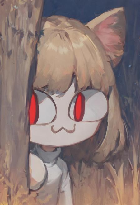 score_9, score_8_up, score_7_up, solo, peeking out, upper body, hiding behind tree, night, horror \(theme\), forest, necoarc, glowing eyes, cat ears, blonde hair, red eyes, chibi, :3, white shirt, turtleneck,  looking at viewer